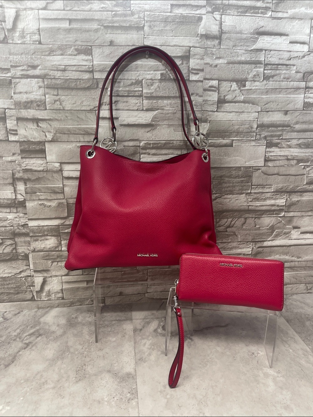 Michael Kors Christina Pebbled Leather Shoulder Bag & Wallet Dark Raspberry